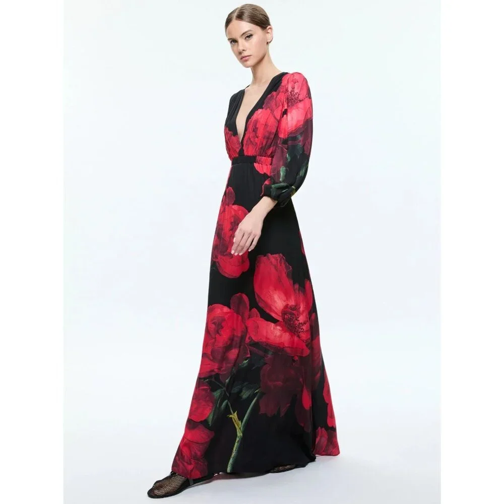 Alice + Olivia Clarissa Maxi Dress 2 in Peony Petals Bright Ruby NWT $695 - Picture 6 of 16